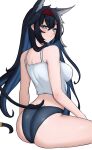  1girl absurdres animal_ears arknights ass bare_arms bare_shoulders black_hair black_panties blaze_(arknights) blue_eyes breasts camisole cat_ears cat_tail commentary crop_top fangs_(fangs_art) hairband highres large_breasts long_hair looking_at_viewer midriff panties red_hairband simple_background sitting smile solo spaghetti_strap tail thighs underwear very_long_hair white_background 