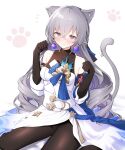  1girl absurdres animal_ears black_gloves black_pantyhose blush bronya_rand cat_ears cat_girl cat_tail closed_mouth detached_sleeves earrings elbow_gloves gloves grey_eyes grey_hair highres honkai:_star_rail honkai_(series) jewelry kemonomimi_mode kutar22 long_hair pantyhose paw_pose simple_background solo tail white_background 