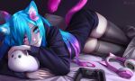  1girl animal_ear_headphones animal_ears black_thighhighs blue_eyes blue_hair cat_ear_headphones cat_ears cat_tail commission controller fake_animal_ears fang flower game_controller gradient_hair hair_between_eyes hair_flower hair_ornament headphones headphones_removed highres long_hair looking_at_viewer lying m_alexa multicolored_hair on_side original pink_eyes pink_hair solo tail thighhighs 