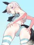  1girl animal_ears ass ass_grab bar_censor bare_shoulders bent_over blue_eyes blue_panties blush breasts censored crop_top eila_ilmatar_juutilainen extra_ears fox_ears fox_girl fox_tail from_behind grabbing_own_ass grey_hair hands_on_ass hands_on_own_ass long_hair looking_at_viewer looking_back open_mouth panties purple_eyes shimada_fumikane sideboob sleeveless solo strike_witches striped striped_thighhighs tail thighhighs underwear world_witches_series 