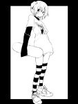  1girl black_border black_eyes black_shirt bob_cut border character_print dot_nose ftktan full_body greyscale highres holding holding_skateboard long_sleeves looking_at_viewer monochrome no_pants original outside_border panties shirt shoes side_ponytail skateboard sleeves_past_wrists sneakers solo striped striped_thighhighs sway_back t-shirt thighhighs underwear white_background white_hair white_panties 