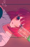  1girl :o arima_kana blush bob_cut bottle collarbone commentary_request highres looking_at_viewer open_mouth oshi_no_ko red_eyes red_hair rumic_0620 shirt short_hair short_sleeves t-shirt upper_body water_bottle white_shirt 