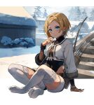  1girl blonde_hair blue_eyes bow_(weapon) mushoku_tensei no_shoes nyoro_(nyoronyoro000) outdoors quiver sara_(mushoku_tensei) short_hair short_shorts shorts sitting snow solo thighhighs weapon white_thighhighs 