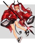  1girl black_horns black_shorts blush demon_girl demon_tail flower fuji_tarawi hair_flower hair_ornament highres holding holding_staff horns jacket jacket_on_shoulders long_hair looking_at_viewer open_mouth original red_eyes red_hair red_jacket red_sweater round_eyewear shoes short_shorts shorts sneakers solo spider_lily staff sweater tail twintails two-tone_background very_long_hair 