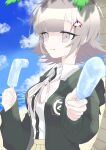  1girl absurdres beach beri_ame black_jacket black_shirt blue_sky breasts brown_hair closed_mouth cloud collared_shirt danganronpa_(series) danganronpa_2:_goodbye_despair dress_shirt flipped_hair food galaga hair_ornament highres holding holding_food holding_ice_cream ice_cream jacket large_breasts long_sleeves nanami_chiaki neck_ribbon open_clothes open_jacket outdoors palm_tree pink_eyes pink_ribbon ribbon shirt sky smile solo tree upper_body white_shirt 