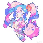  1girl blue_hair chinese_commentary clefairy_sprite_(pokemon) closed_mouth commentary_request fairy_miku_(project_voltage) flower fossil_sprite_(pokemon) full_body hair_flower hair_ornament hatsune_miku highres horrorratman jigglypuff long_hair long_sleeves looking_at_viewer pink_hair pink_shirt pokemon pokemon_(creature) project_voltage red_flower shirt simple_background skirt smile socks twintails vocaloid white_background white_socks 
