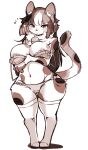  2023 anthro areola arm_under_breasts barely_visible_nipples bell bell_collar big_breasts blush breasts calico_cat cheek_tuft clothing collar digital_media_(artwork) domestic_cat facial_tuft felid feline felis female front_view fur hi_res hybrid inner_ear_fluff kemono legwear lingerie mammal monochrome mottled multicolored_body multicolored_fur navel nipples panties piebald setouchi_kurage simple_background solo standing stockings tuft underwear 