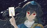  1girl ability_card_(touhou) black_hair blue_dress blue_headwear card close-up closed_mouth dress empty_eyes hair_between_eyes hand_up harapan-kun hat head_tilt highres holding holding_card iizunamaru_megumu long_hair looking_at_viewer night night_sky red_eyes shooting_star shoulder_guard sky smile solo star_(sky) starry_sky tokin_hat touhou turtleneck unconnected_marketeers 