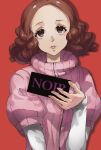  1girl brown_eyes brown_hair card commentary curly_hair english_commentary english_text eroka404 forehead hand_up highres holding holding_card lips long_sleeves looking_at_viewer okumura_haru parted_lips persona persona_5 pink_sweater red_background shirt simple_background solo sweater turtleneck turtleneck_sweater upper_body 