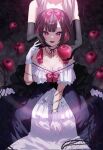  2girls apple bare_shoulders black_gloves black_hair blush bow breasts chigusa_minori choker cleavage collarbone dress elbow_gloves food fruit gloves hair_bow hair_ornament hand_on_another&#039;s_cheek hand_on_another&#039;s_face highres holding holding_food holding_fruit large_breasts long_hair looking_at_viewer multicolored_hair multiple_girls open_mouth pink_hair purple_eyes short_hair smile solo_focus thorns two-tone_hair white_gloves white_hair 
