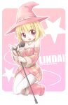  1girl :d bangs bare_shoulders belt blonde_hair blush boots brown_belt commentary_request copyright_name detached_sleeves dress emurin fantasy_earth_zero full_body hair_between_eyes hat hat_belt jumping looking_at_viewer microphone microphone_stand open_mouth pantyhose pink_background pink_dress pink_eyes pink_footwear pink_headwear pink_sleeves pink_theme pinky_out red_eyes short_hair smile solo star_(symbol) strapless strapless_dress white_pantyhose witch_hat 