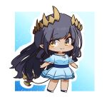  1girl black_hair blue_dress blue_sash blush breasts chibi cleavage cleavage_cutout closed_mouth clothing_cutout commentary_request dark-skinned_female dark_skin demon_girl demon_horns dress eyes_visible_through_hair full_body hair_between_eyes highres horns long_hair looking_at_viewer mariooo medium_bangs nanashi_inc. outline pointy_ears sash shimamura_charlotte sidelocks smile solo standing tail very_long_hair virtual_youtuber white_outline yellow_eyes 