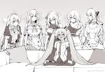  6+girls bare_shoulders black_sleeves blush breasts casting_couch cleavage couch detached_sleeves ge-b greyscale hair_ornament hands_on_own_knees hatsune_miku headphones headset highres imminent_gangbang indian_style large_breasts long_hair looking_at_viewer megurine_luka meme monochrome multiple_girls multiple_persona necktie on_couch open_mouth piper_perri_surrounded_(meme) shirt sitting skirt sleeveless smile surrounded thighhighs twintails very_long_hair vocaloid you_gonna_get_raped 