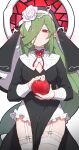  1girl absurdres apple closed_mouth expressionless food fruit garter_straps green_hair habit hair_over_one_eye highres holding holding_food holding_fruit long_hair long_sleeves looking_at_viewer original ouroboros-chan_(zizi_niisan) pointy_ears red_eyes solo thighhighs white_thighhighs zizi_niisan 