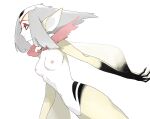  1girl ao_no_roku-gou black_skin breasts closed_mouth colored_skin from_side grey_hair highres kawatiw monster_girl multicolored_skin mutio nipples profile red_eyes simple_background small_breasts solo white_background white_skin yellow_skin 
