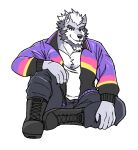  2022 anthro beard black_clothing black_jacket black_topwear boots canid canine canis claws clothing facial_hair finger_claws footwear fur hair hand_on_knee hand_on_leg hi_res jacket looking_at_viewer male mammal multicolored_clothing multicolored_jacket multicolored_topwear muscular muscular_anthro muscular_male notched_eyebrow pkdreem purple_body purple_clothing purple_fur purple_jacket purple_topwear shirt sitting solo stripes sweatpants t-shirt topwear white_body white_clothing white_fur white_hair white_shirt white_t-shirt white_topwear wolf yellow_stripes zeke_(pkdreem) 