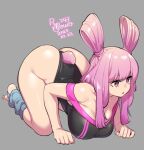  1girl agawa_ryou artist_name ass black_leotard blunt_bangs breasts commentary english_commentary feet grey_background hair_rings large_breasts legs leotard long_hair original pink_eyes pink_hair pink_tail rabbit_tail simple_background solo tail thighs toes top-down_bottom-up 