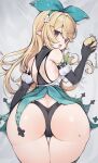  1girl ass ass_focus black_gloves blonde_hair breasts from_behind gloves good_ass_day green_ribbon hair_behind_ear highres long_hair looking_at_viewer looking_back mole mole_on_ass nijisanji nijisanji_en oimo_0imo panties pointy_ears pomu_rainpuff red_eyes ribbon smile solo underwear virtual_youtuber 