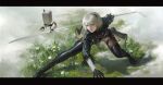  1girl 2b_(nier:automata) black_dress black_hairband breasts commentary csihan dress feather-trimmed_sleeves feather_trim hairband highres juliet_sleeves long_sleeves medium_breasts nier:automata nier_(series) no_blindfold puffy_sleeves sword thighhighs weapon white_hair 