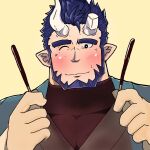  1boy bara beard blush broken_horn demon_boy demon_horns facial_hair food hands_up highres holding holding_food holding_pocky horns kaeru333938123 live_a_hero looking_at_viewer male_focus mature_male muscular muscular_male nessen_(live_a_hero) one_eye_closed pocky pocky_day pointy_ears short_hair smile solo 