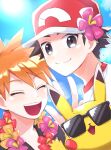  2boys :d black_hair blue_oak closed_eyes closed_mouth commentary_request day flower flower_wreath happy hat hat_flower highres male_focus mochi_(mocchi_p_2m) multiple_boys open_mouth orange_hair outdoors pikachu pokemon pokemon_(creature) pokemon_(game) pokemon_sm red_(pokemon) red_headwear shirt short_hair smile spiked_hair split_mouth sunglasses teeth upper_body upper_teeth_only w 