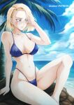  1girl absurdres akobeul android_18 beach bikini blonde_hair blue_bikini blue_eyes blue_sky breasts cleavage cloud cowboy_shot day dragon_ball dragon_ball_z highleg highleg_bikini highres horizon large_breasts navel ocean outdoors palm_tree rock short_hair sitting sky solo swimsuit tree 