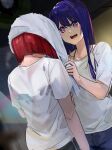  2girls arima_kana commentary_request drying drying_hair funi_mu9 highres holding holding_own_arm holding_towel hoshino_ai_(oshi_no_ko) long_hair looking_at_another multiple_girls oshi_no_ko purple_eyes purple_hair red_hair shirt short_hair star-shaped_pupils star_(symbol) symbol-shaped_pupils towel towel_on_head wet wet_clothes wet_shirt white_shirt 