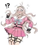  !? 1girl abe_riko antenna_hair barbed_wire black_gloves blonde_hair blush breasts cleavage cropped_legs danganronpa_(series) danganronpa_v3:_killing_harmony fingerless_gloves gloves goggles goggles_on_head hand_up highres iruma_miu large_breasts long_hair miniskirt o-ring pink_shirt pink_skirt pleated_skirt sailor_collar saliva shiny_skin shirt simple_background skirt solo tears teeth upper_teeth_only white_background white_sailor_collar 