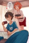  1boy 1girl bar_censor blush caught cellphone censored collarbone commentary_request earphones handjob highres holding holding_phone locker locker_room male_masturbation masturbation on_floor open_mouth original penis phone short_hair sitting soccer_uniform sousuke_(sauceke) sportswear translation_request 