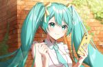  1girl blue_eyes blue_hair blush brick_wall cellphone collared_shirt commentary_request earbuds earphones hair_ribbon hatsune_miku highres holding holding_phone long_hair looking_at_viewer necktie outdoors phone ribbon shirt smartphone smile solo teneko02 twintails upper_body vocaloid 