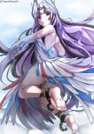  1girl absurdres bare_shoulders barefoot black_hair cuffs dress feather_hair_ornament feathers feet fire_emblem fire_emblem_engage gloves grey_hair hair_ornament highres legs long_hair looking_at_viewer looking_back multicolored_hair petite purple_eyes shackles simple_background soles solo tomodachi_(tomofanart) twitter_username two-tone_hair very_long_hair veyle_(fire_emblem) wavy_hair white_gloves 