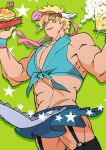  1boy abs alcohol apron battle_tendency beer black_thighhighs blonde_hair burger carota327 crop_top crossdressing feather_hair_ornament feathers food garter_straps green_eyes hair_ornament hair_ribbon highres jojo_no_kimyou_na_bouken joseph_joestar joseph_joestar_(young) male_focus midriff miniskirt muscular muscular_male music pectoral_cleavage pectorals pink_ribbon pleated_skirt revealing_clothes ribbon skates skirt solo tankard thighhighs tray visor_cap 