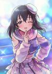  1girl bare_shoulders black_hair blush brown_eyes cropped_hoodie detached_sleeves finger_to_mouth frilled_skirt frills fujiwara_hajime furorida hair_between_eyes hair_ornament hand_on_own_ass hood hood_down hoodie idolmaster idolmaster_cinderella_girls idolmaster_cinderella_girls_starlight_stage long_hair long_sleeves looking_at_viewer one_eye_closed open_mouth pink_ribbon plaid plaid_skirt ribbon skirt smile solo sparkle sparkle_background standing 