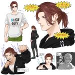  1boy brown_hair english_text fitness_boxing guy_(fitness_boxing) highres male_focus meansary shirt short_sleeves solo sunglasses sweat white_background white_shirt 