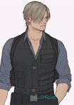  1boy artist_name blonde_hair blue_shirt bulletproof_vest collarbone collared_shirt hair_over_one_eye hand_in_pocket leon_s._kennedy light_smile looking_to_the_side male_focus parted_bangs resident_evil resident_evil_6 sardine_(kjr0313) shirt short_hair sleeves_rolled_up solo toned toned_male upper_body white_background 