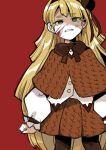  1girl blonde_hair blood blood_on_face brown_capelet brown_hairband brown_pantyhose brown_ribbon brown_skirt capelet commentary_request cowboy_shot frilled_sleeves frills green_eyes hair_ribbon hairband lobotomy_corporation long_hair long_sleeves medu_(rubish) neck_ribbon pantyhose pleated_skirt project_moon ribbon shirt simple_background sketch skirt solo tearing_up tiphereth_a_(project_moon) very_long_hair white_shirt 