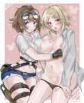  2girls absurdres assisted_exposure bar_censor belt black_panties blonde_hair blush breasts brown_hair censored cleavage_cutout clothing_cutout collarbone commission cowboy_shot eyewear_on_head fang fingerless_gloves fire_low5996 girls&#039;_frontline gloves grizzly_mkv_(girls&#039;_frontline) hand_on_own_chest highres holding holding_clothes holster large_breasts long_sleeves looking_at_viewer midriff mp40_(girls&#039;_frontline) multiple_girls navel nipples non-web_source open_clothes open_mouth panties panty_pull puffy_nipples pulled_by_self purple_eyes red_eyes shirt short_hair short_shorts short_sleeves shorts signature skeb_commission sunglasses sweat thigh_holster underwear white_shirt 
