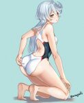  1girl adjusting_clothes adjusting_swimsuit ahoge aona_(anagasaki) ass barefoot blue_background brown_pantyhose competition_swimsuit from_behind grey_hair gundam gundam_suisei_no_majo hair_between_eyes highres kneeling long_hair looking_at_viewer miorine_rembran multicolored_clothes multicolored_swimsuit one-piece_swimsuit pantyhose solo swept_bangs swimsuit twitter_username white_one-piece_swimsuit 