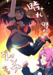  2girls ahoge black_hair blunt_bangs blush commentary_request explosion grey_eyes jumping long_hair looking_at_viewer love_live! love_live!_nijigasaki_high_school_idol_club medium_hair multiple_girls nijiiro_passions!_(love_live!) one_side_up pink_hair repunit sidelocks smile sparkle swept_bangs tennouji_rina thighhighs translation_request upper_body yellow_eyes yuuki_setsuna_(love_live!) 