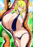  alien android animal_humanoid big_breasts bio-android_(dragon_ball) blonde_hair blue_highlights blush bodily_fluids breasts cell_(dragon_ball) clothed clothing digital_media_(artwork) dragon dragon_ball dragon_ball_z dragon_humanoid duo eyes_closed female female_prey grass hair hi_res highlights_(coloring) horn horned_humanoid huge_breasts humanoid light_body light_skin machine male male/female male_pred miss_kobayashi&#039;s_dragon_maid navel not_furry outside plant quetzalcoatl_(dragon_maid) robot sweat swimwear tail tail_fetish tail_play tail_vore unusual_anatomy unusual_tail unusual_vore vore yakumodaisuki 