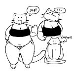  2023 anthro barefoot beady_eyes belly belly_overhang big_belly big_breasts black_and_white black_bra black_clothing black_underwear bottomwear bra breasts cassicat cleavage clothed clothing confusion dialogue domestic_cat ellipsis english_text feet felid feline felis female gesture happy mammal markings mole_(marking) monochrome navel oblivious open_:3 open_mouth overweight overweight_anthro overweight_female pants sitting solo speech_bubble standing tail text thumbs_up trans_(lore) trans_woman_(lore) underwear whiskers 