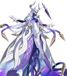  1girl attack dress english_commentary fire_emblem fire_emblem_heroes ginnungagap_(fire_emblem) gloves highres horns hou_(ppo) mask mechanical_horns multicolored_hair official_art one-eyed outstretched_arms purple_hair solo tentacle_hair transparent_background two-tone_hair white_dress white_gloves white_hair white_mask 