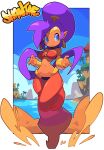  2023 absurd_res bacun blue_eyes breasts brown_body brown_skin clothing day ear_piercing ear_ring english_text female genie hair hi_res humanoid humanoid_pointy_ears long_hair navel not_furry piercing ponytail purple_hair ring_piercing shantae shantae_(series) smile solo text water wayforward 