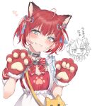  1girl ahoge akami_karubi animal_bag animal_hands bag blue_ribbon bow cat_hair_ornament chibi chibi_inset commentary_request fur-trimmed_gloves fur_trim gloves hair_between_eyes hair_ornament hair_ribbon hands_up heart heart_hair_ornament highres indie_virtual_youtuber kayanogura looking_at_viewer paw_gloves red_bow red_gloves red_hair red_shirt ribbon shirt shoulder_bag simple_background skirt suspender_skirt suspenders translation_request twintails virtual_youtuber white_background white_skirt 