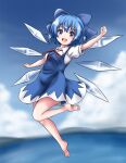 1girl :d barefoot blue_bow blue_dress blue_eyes blue_hair blue_sky bow cirno clenched_hand cloud collared_shirt commentary_request detached_wings dress full_body hair_bow highres ice ice_wings looking_at_viewer matelia open_mouth outdoors pinafore_dress shirt short_hair short_sleeves sky sleeveless sleeveless_dress smile solo touhou white_shirt wings 