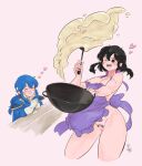  1boy 1girl apron bad_source black_hair blue_hair breasts clapping cooking counter female_pubic_hair fingernails fire_emblem fire_emblem:_genealogy_of_the_holy_war flipping_food food frilled_apron frills heart highres holding holding_ladle ladle larcei_(fire_emblem) long_fingernails meme naked_apron nipples nude one_eye_closed open_mouth pubic_hair pussy rice_wave_(meme) seliph_(fire_emblem) sideboob simple_background smile spoon ta_dasu_(tadasu_hayashi) wok 