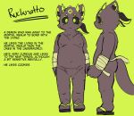  anthro bandage bandaged_arm chubby_anthro chubby_male clothing demon english_text flip_flops footwear front_view fur green_background green_ears green_eyes green_horn grey_body grey_fur hair horn male model_sheet multiple_angles nipples ponytail rucknatto rucknatto_(character) sandals side_view sign_on_head simple_background slightly_chubby solo standing tail text underwear 