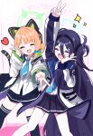  2girls absurdly_long_hair absurdres animal_ear_headphones animal_ears aris_(blue_archive) black_hair black_hairband black_skirt black_thighhighs blonde_hair blue_archive blue_bow blue_halo blue_necktie blush bow closed_eyes collared_shirt fake_animal_ears green_halo hair_bow hairband halo headphones heart highres jacket long_hair midori_(blue_archive) multiple_girls necktie one_side_up open_mouth pleated_skirt shirt short_hair skirt smile thighhighs thomason366 two-sided_fabric two-sided_jacket very_long_hair white_jacket white_shirt 