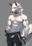  abs anthro bottomwear bulge canid canine canis claws clothed clothing collar finger_claws fur furdo hi_res idrysse3 male mammal muscular muscular_anthro muscular_male pecs solo spiral_eyes topless white_body white_fur wolf 