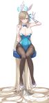  1girl absurdly_long_hair absurdres animal_ears aqua_leotard asuna_(blue_archive) asuna_(bunny)_(blue_archive) asymmetrical_bangs bar_stool black_pantyhose blue_archive blue_bow blue_bowtie blue_eyes blue_leotard bow bowtie breasts detached_collar fake_animal_ears gloves hair_over_one_eye hairband halo highleg highleg_leotard highres large_breasts leotard light_brown_hair long_hair looking_at_viewer mole mole_on_breast official_alternate_costume pantyhose playboy_bunny profnote rabbit_ears sitting smile solo stool strapless strapless_leotard thighband_pantyhose traditional_bowtie v very_long_hair white_gloves white_hairband 